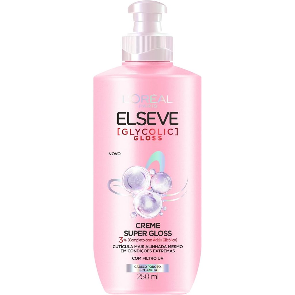 Creme para Pentear Elseve Glycolic Super Gloss 250ml - Brilho Intenso, Proteção UV, Controle de Frizz