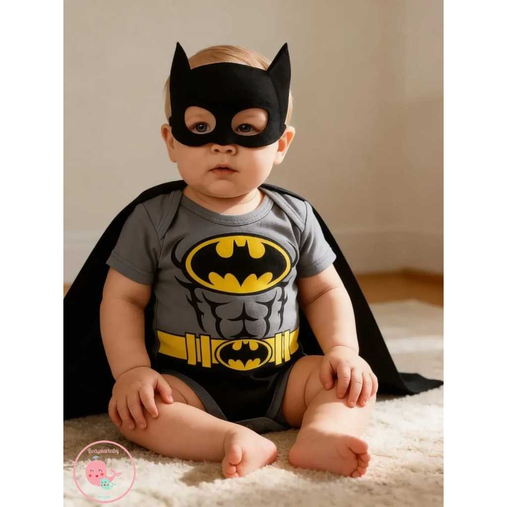 Body Bebê Fantasia Batman com Capa e Máscara Mesversário Infantil Menino Herói Roupa Bebê Fantasia