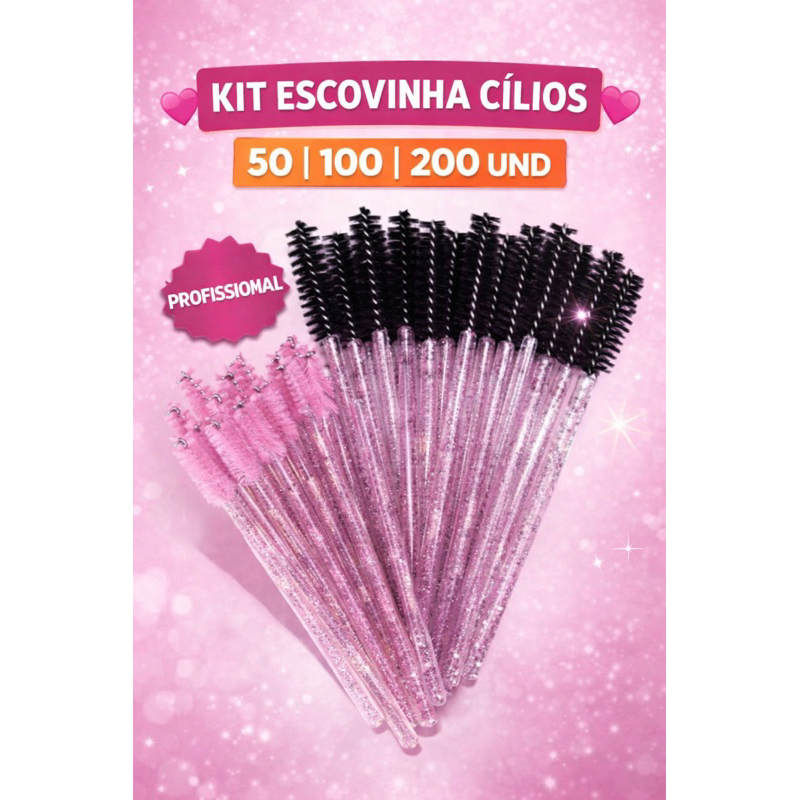 Kit Escovinha de Cílios Descartável 50 100 200 Und 💖 Lash Brush Glitter Rosa Profissional Alongamento e Sobrancelha em Oferta na Shopee