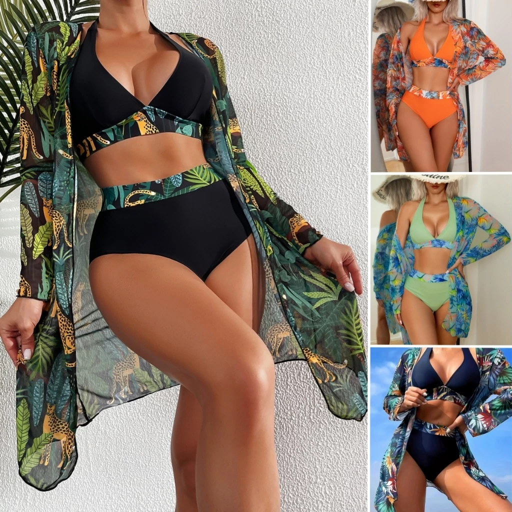Conjunto De Praia Bikini Com Cabresto Triângulo Estampa Tropical E Quimono Combinando Praia Verão — imagem 1