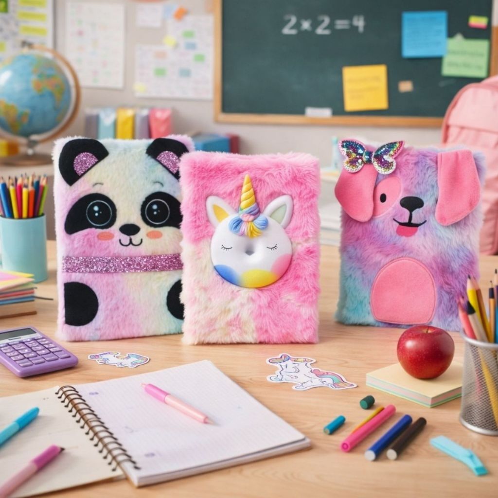Caderno Pelúcia Modelos Colorido Panda Unicórnio Dog 70 Fls 15X21CM Anotação Diá