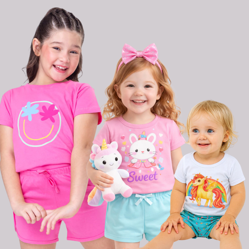 Kit 6 ou 10 Peças Roupa Infantil Menina Verão Conjunto Sortido Estampado Camiseta + Shorts