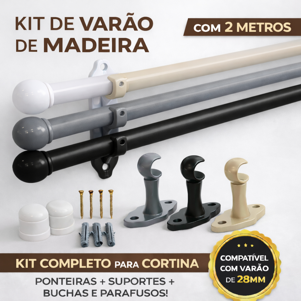 Varão de Cortina de Madeira Simples 2,00m  Branco ou Cinza Para Cozinha Sala Quarto Landeria Edicula em Oferta na Shopee