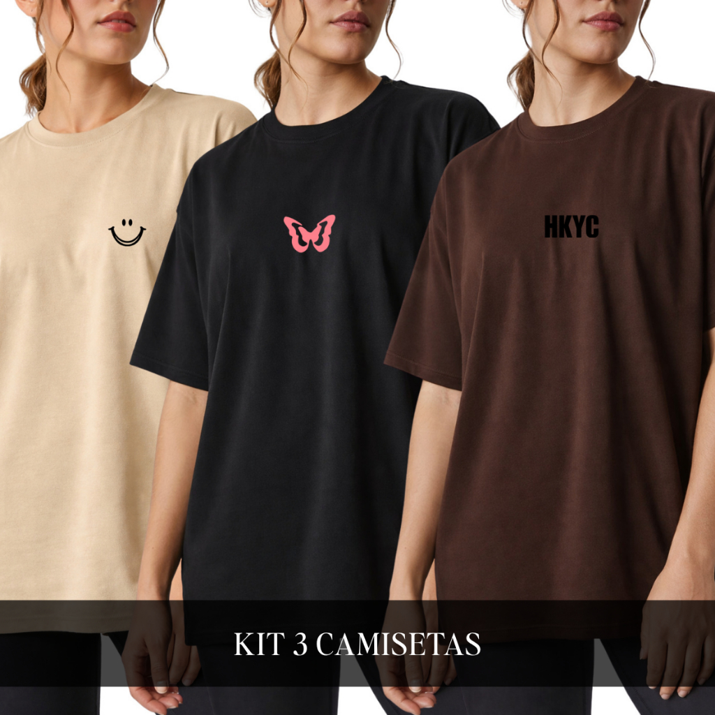 Kit 3 Camisetas Feminina Oversized Blusa Manga Curta Algodão Streetwear Academia 3 Peças em Oferta na Shopee