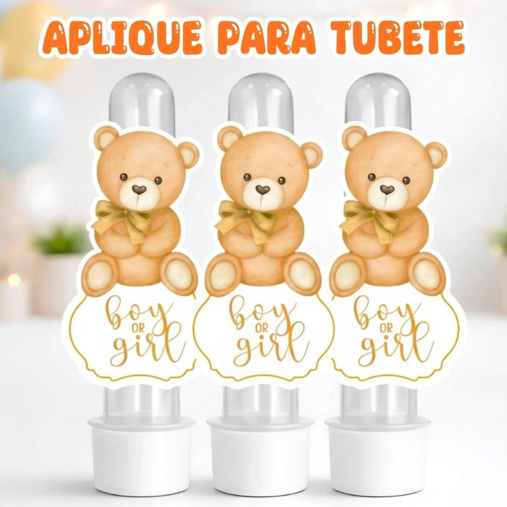 Apliques para Tubetes Chá Revelação - Ursinho Bege - Festa infantil - Lembrancinhas personalizadas
