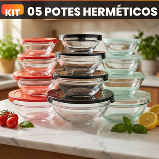 Conjunto Tigela Vidro Bowl Marmita Tampa 5 Peças Herméticos em Oferta na Shopee