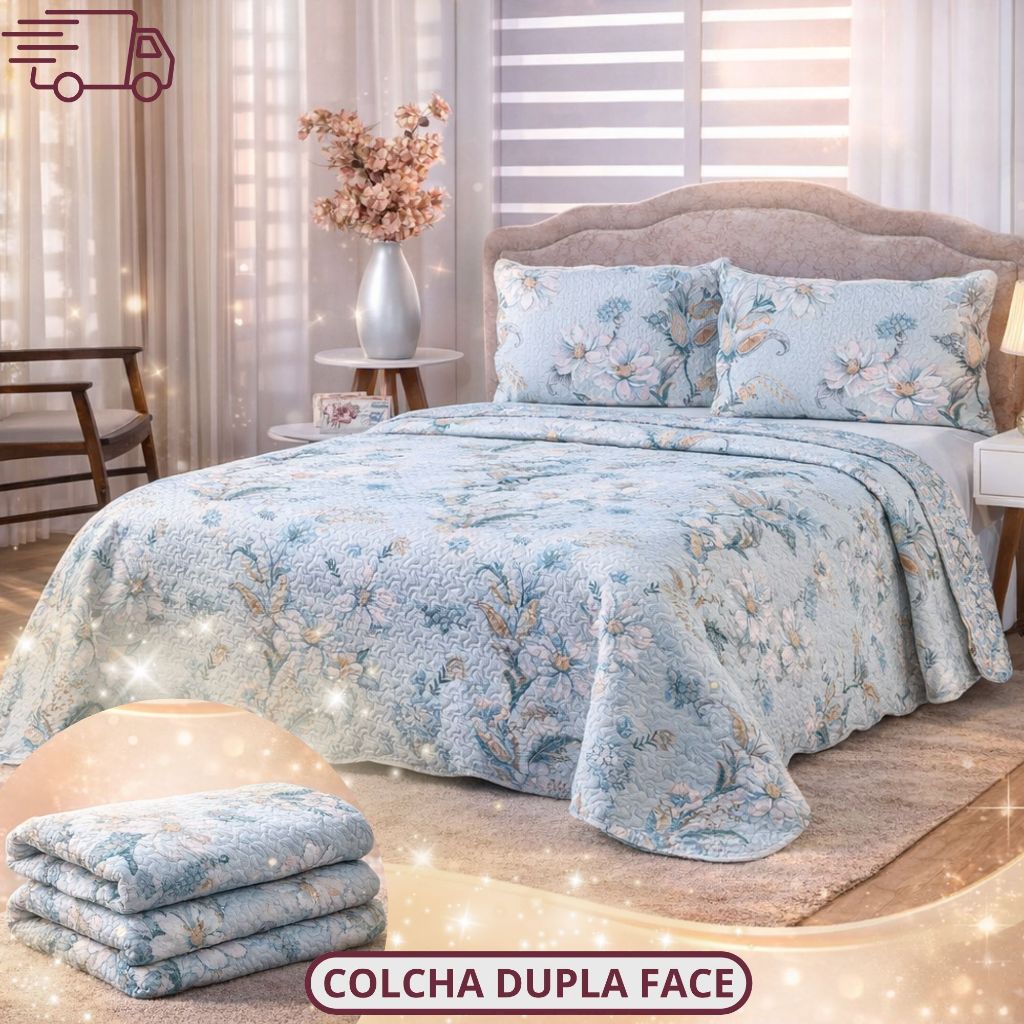 Kit Cobre Leito Colcha Queen 3 Peças Bouti Estampada Dupla Face Porta Travesseiro Aba Americana