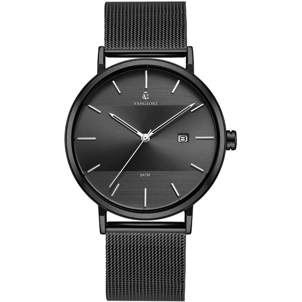 Relógio Masculino Preto All Black Slim Pulseira Mesh Aço Inox Vanglore Selecty 40mm