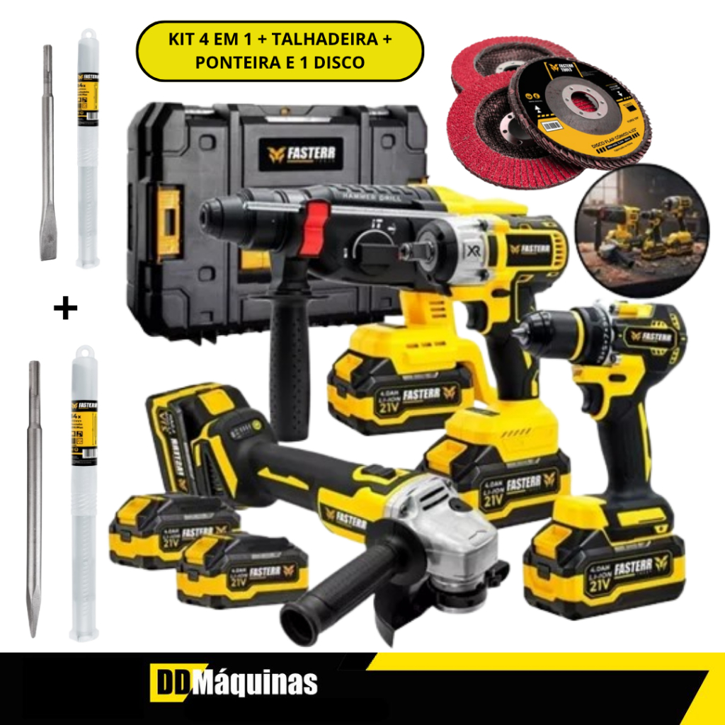 Kit 4 em 1 + Ponteira Sds Plus 14 X 250MM + Talhadeira Sds Plus 14 X 250MM + 1 Disco Flap - Fasterr