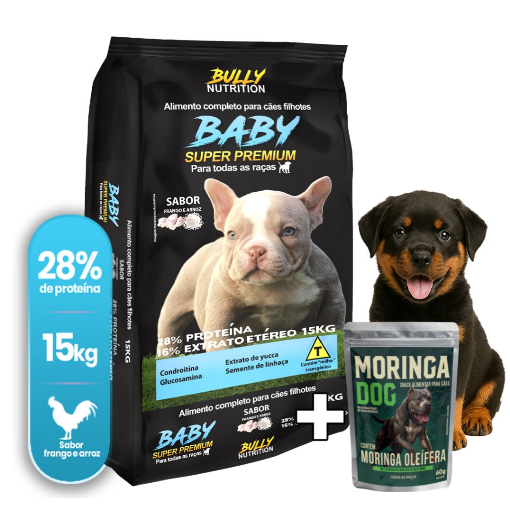 Ração Cães Filhotes Rottweiler Baby Super Premium 15Kg+Ganhe um Moringa Dog 60g|Crescimento Saudavel