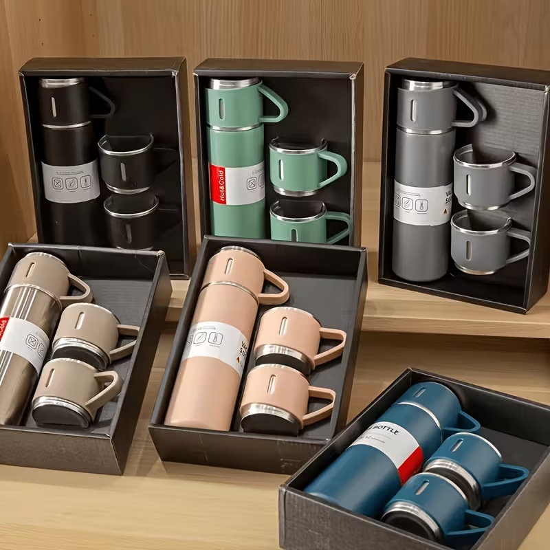 Garrafa Térmica Portátil Inox 500ml com 3 Xícaras Tampa Multicores para Café Chá Bebidas Quentes