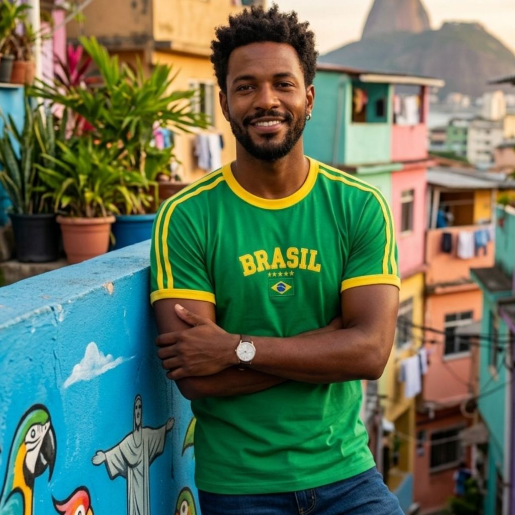 Camiseta Masculina Retrô do Brasil Malha Penteada Confortável