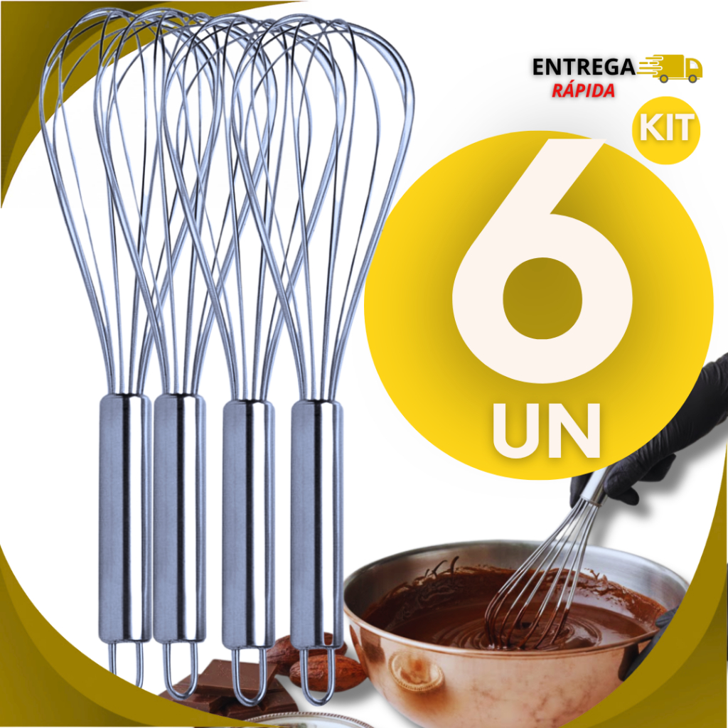Kit 06 Peças Batedor De Ovos Bate Claras Creme Fouet Fue Aço Inox 24cm Casa Cozinha Utilidades
