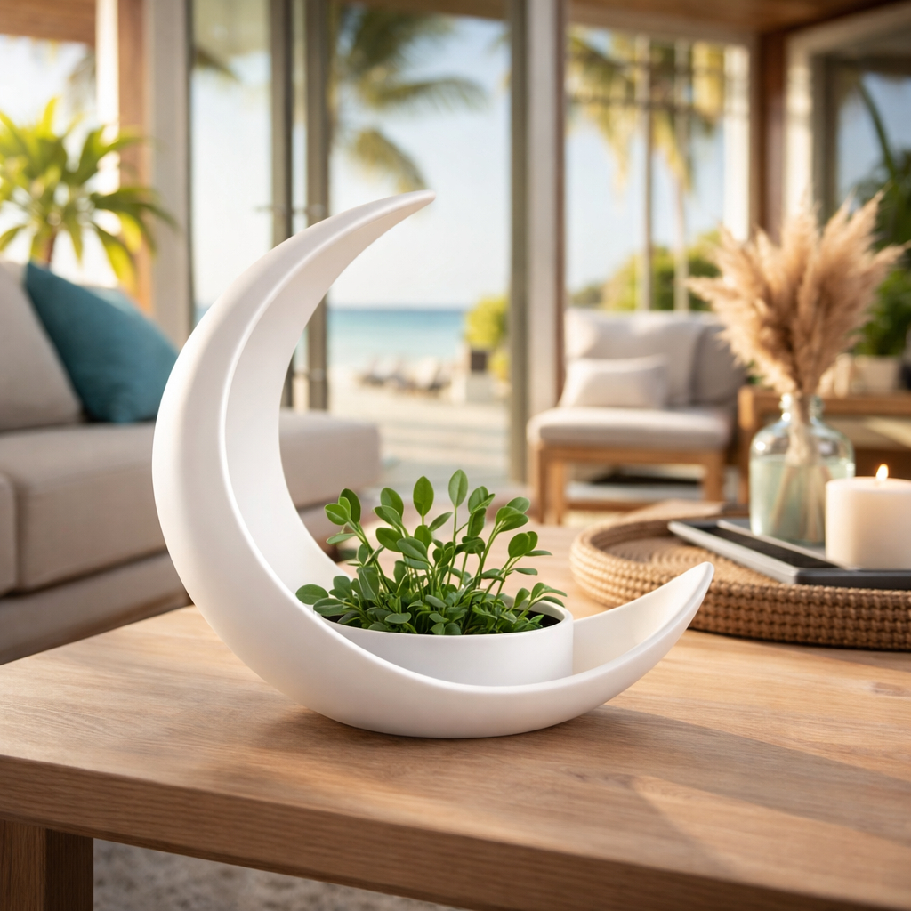 Vaso Decoração Lua Crescente com Vasinho Elíptico para Plantas Branco