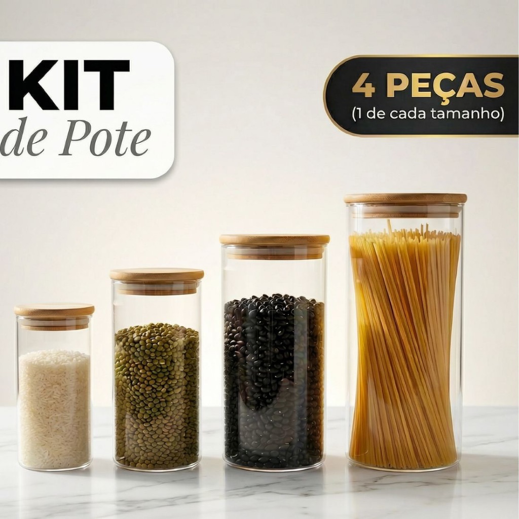Kit 4 Potes Herméticos Vidro Tampa Bambu Mantimentos Transparente