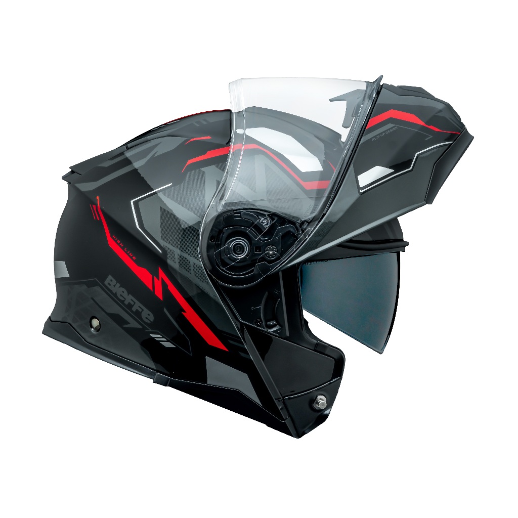 Capacete Moto Escamoteável Marca Bieffe Premium - B-Dynamic Attractie Preto Brilho c/ Vermelho Robocop