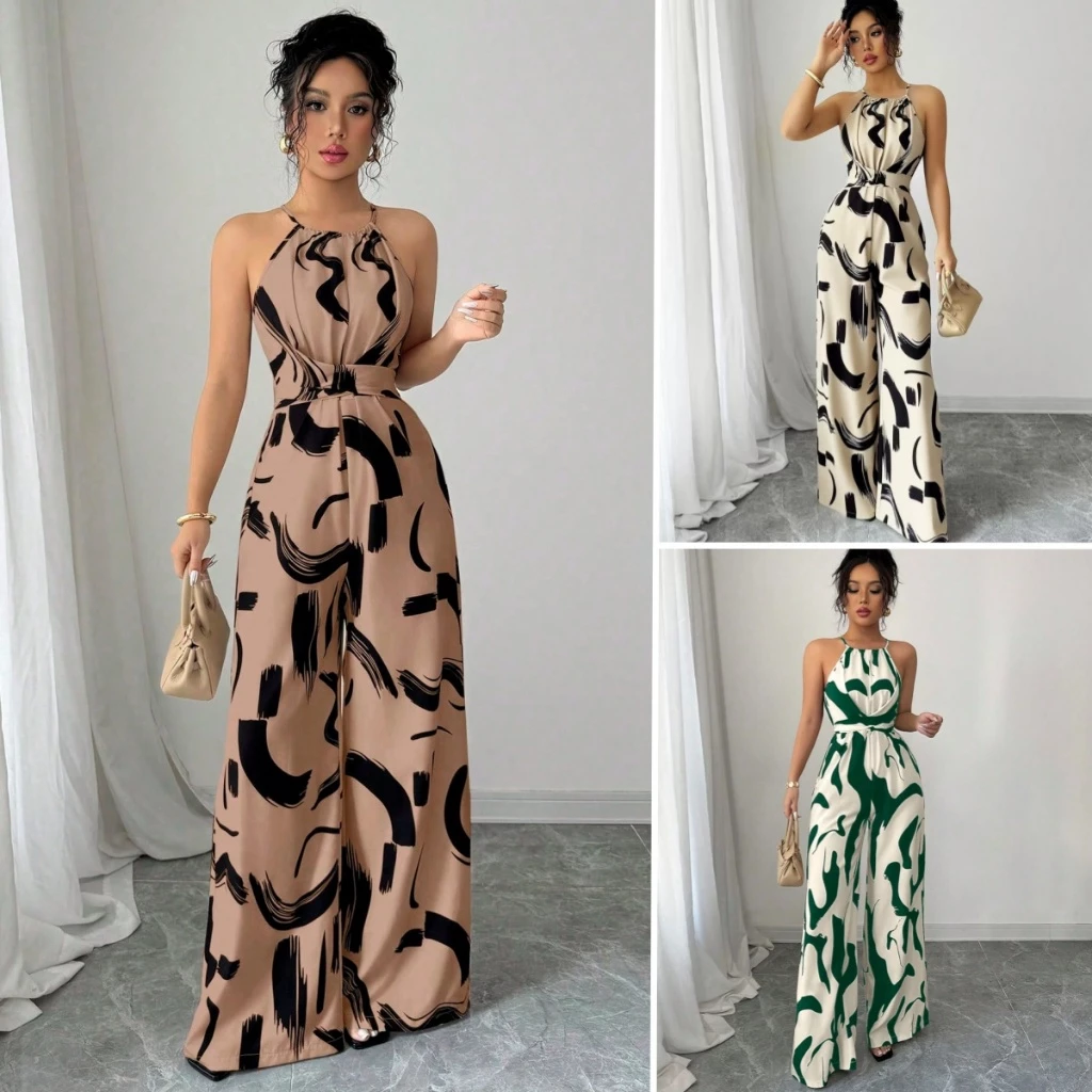 Macacão Feminino Longo Elegante Ombro Pernas Largas e Cintura com Laço Estampa Abstrata