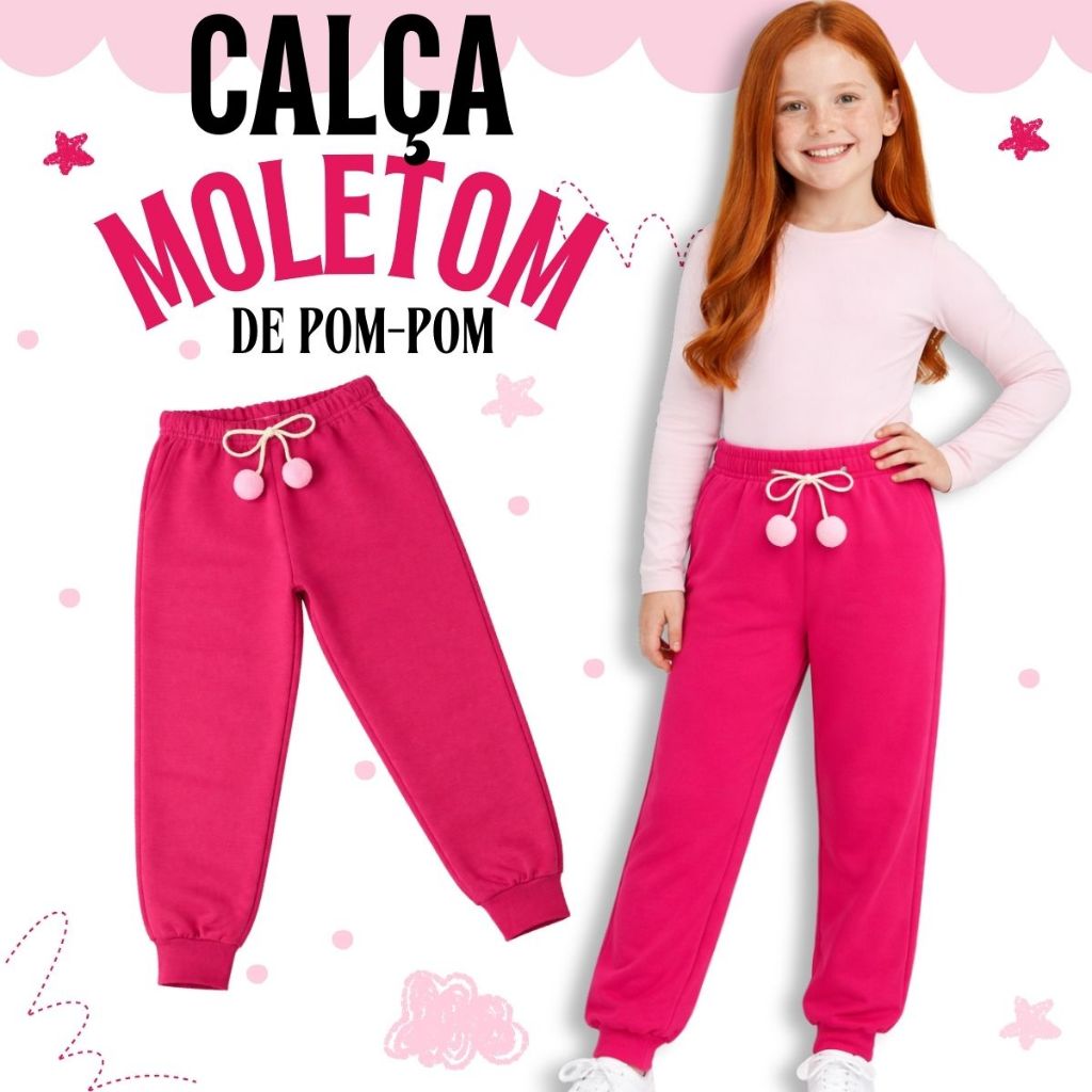 Calça Infantil Feminina Moletom Peluciado Grosso- Cadarço Com Pom Pom - Quentinha