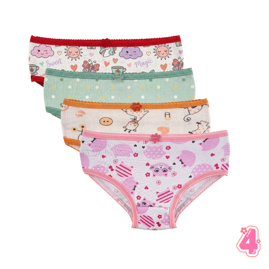 Kit 4 Calcinha Infantil Estampada 100% Algodão Confortável Antialergica Calçolinha Criança Menina