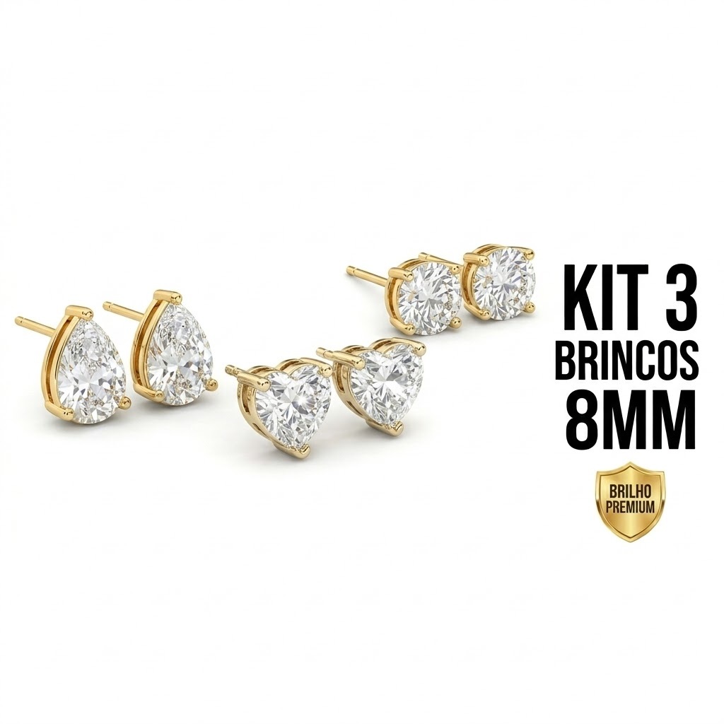 Kit 3 Brincos Ponto de Luz Coração Gota Folheado a Ouro e Prata