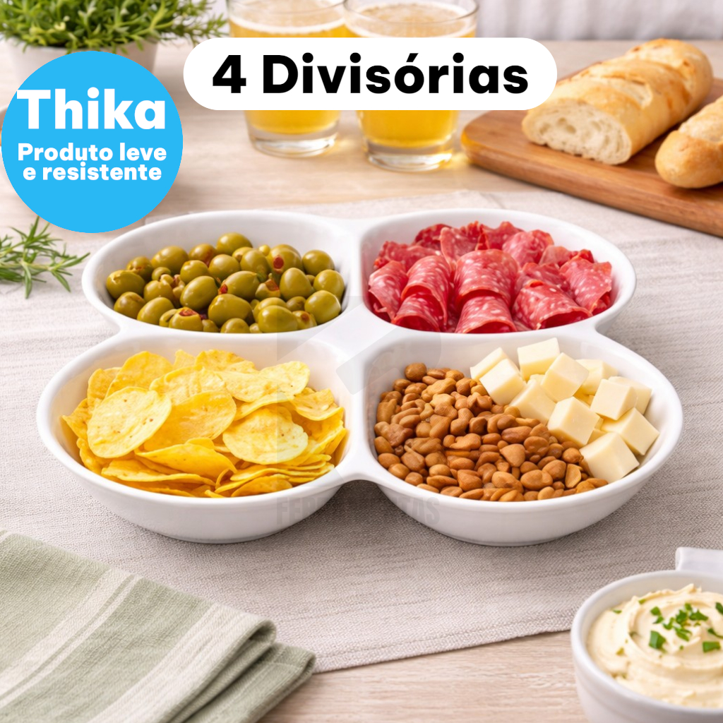 Redonda 4 Divisórias Bandeja Servir Petiscos Salgados e Aperitivos, Melamina Resistente Produto leve e resistente