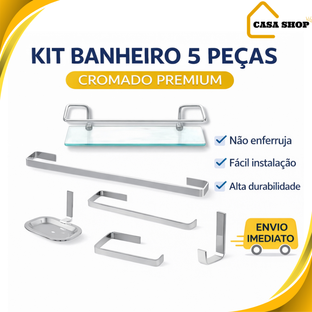 Kit Acessorios Para Banheiro Alumínio Quadrado 5 Peças Cromado + Porta Shampoo Reto Vidro