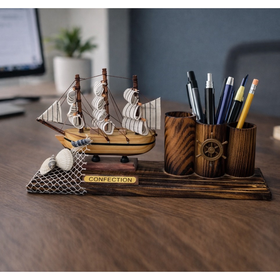 Enfeite Navio Porta Caneta Madeira 26cm Decoração Náutica Organizador Mesa Escritório Mini Barco
