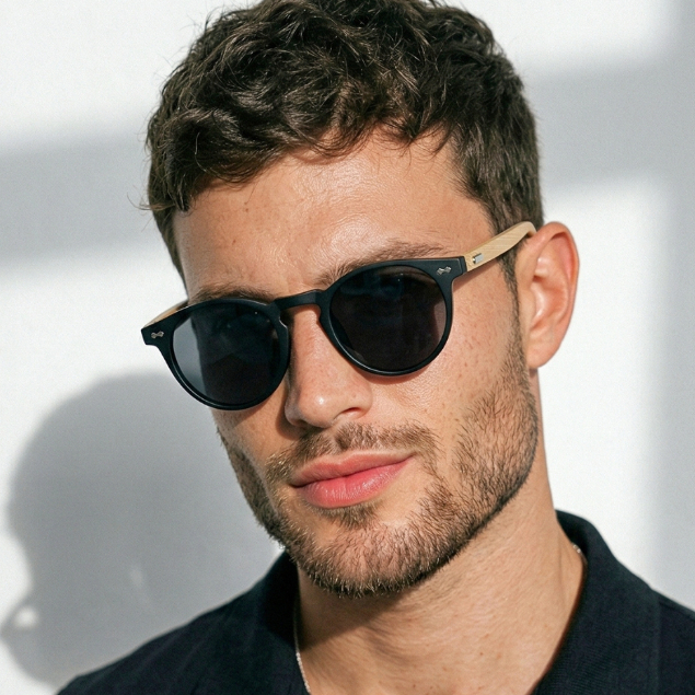 Óculos de Sol Premium Redondo Polarizado Hastes em Madeira Vintage Classico Retrô uv400 Unissex