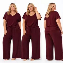 Conjunto Viscolycra Pantalona Plus Size Basico Gola V Malha