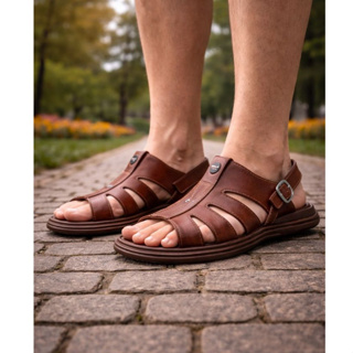 Sandália Masculina em Couro Legítimo Ortopédica Conforto Antiestresse e Antiderrapante em Oferta na Shopee