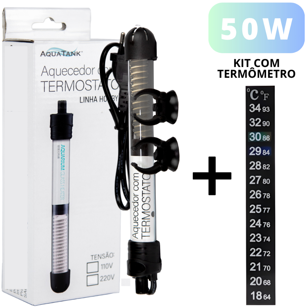 TERMOSTATO COM AQUECEDOR 50W E TERMOMETRO PARA AQUARIO PEQUENO ATÉ 50 LITROS AQUATANK HOBBY ORIGINAL