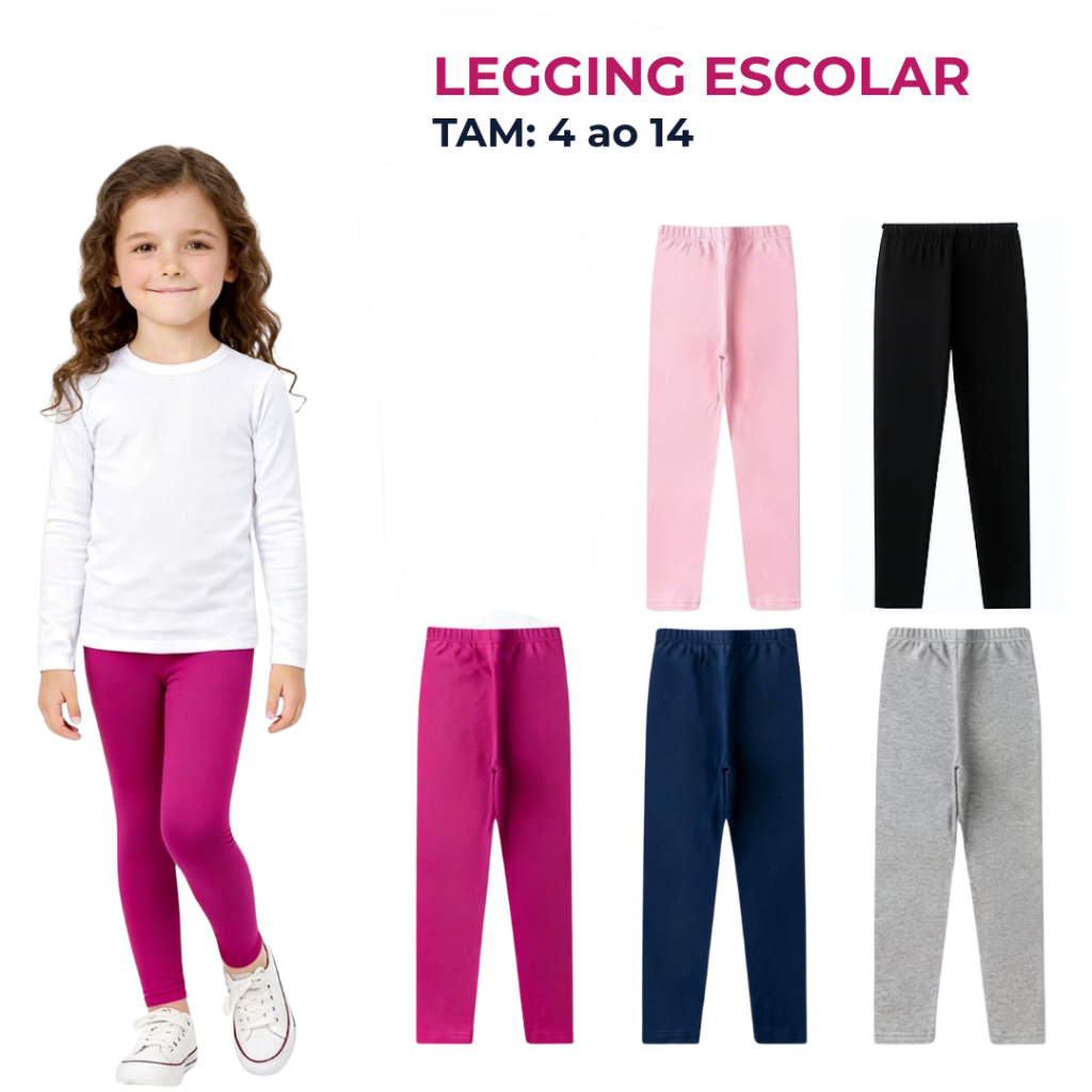 Kit Calça Legging Lisa Algodão Escolar Infantil E Juvenil Feminina Menina