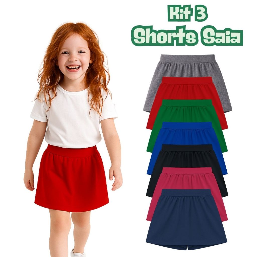 Kit 3 Shorts Saia Cotton Uniforme Escolar Infantil Juvenil Menina Verão Tamanho 1 ao 16