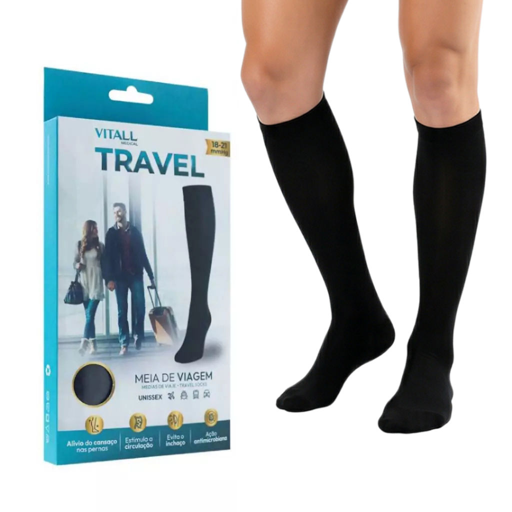 Meia Viagem de Avião Evita Trombose 3/4 Vitall Travel Média Compressão Com Ponteira Preta Unissex