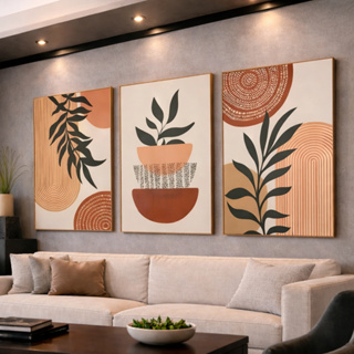 Quadros Decorativos 3 Peças Linhas Geométricas Folhas Tropical Sala Quarto Hall em Oferta na Shopee