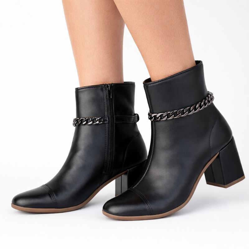 Bota Feminina Cano Curto Salto Grosso Confortável com Corrente Zíper Lateral Casual Elegante Tendência 2026