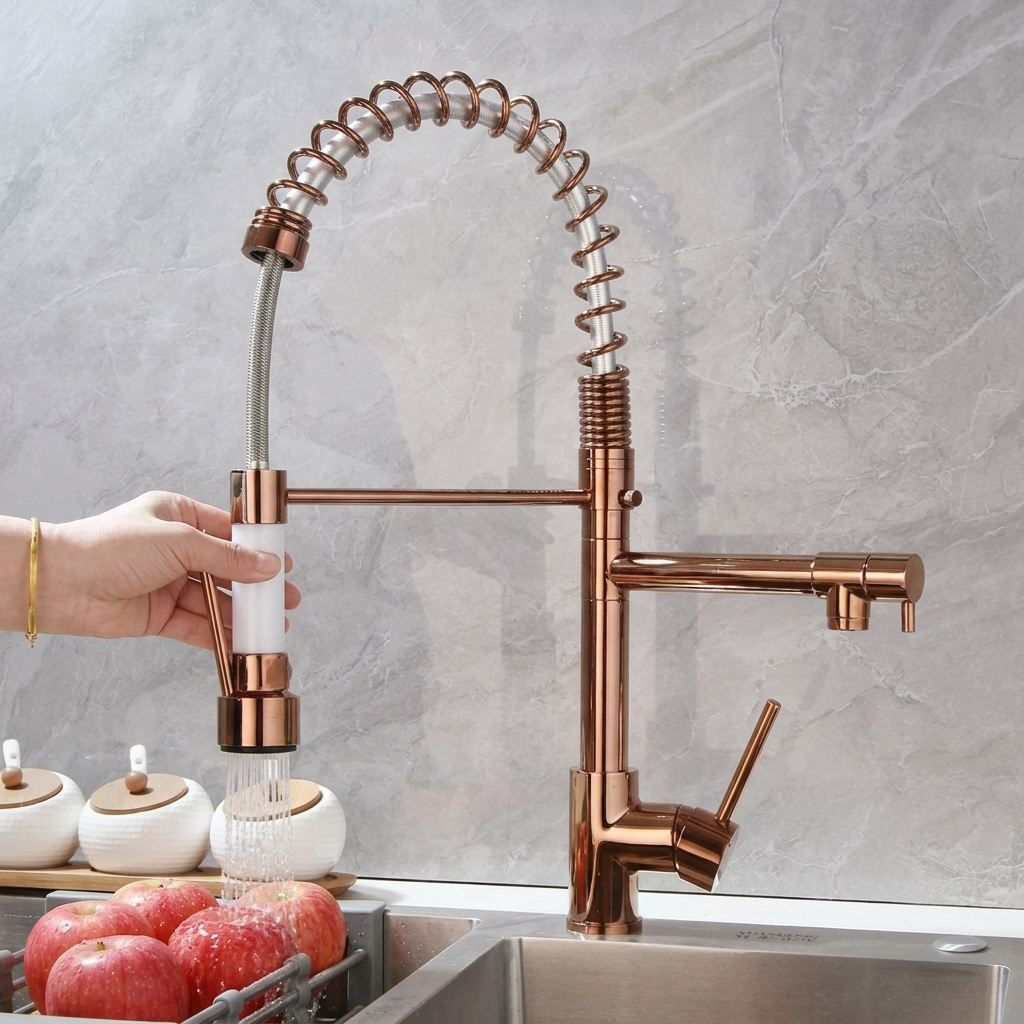 Torneira Cozinha Gourmet Rose Gold Luxo Misturador Monocomando Flexível de Mesa Inox Yesop