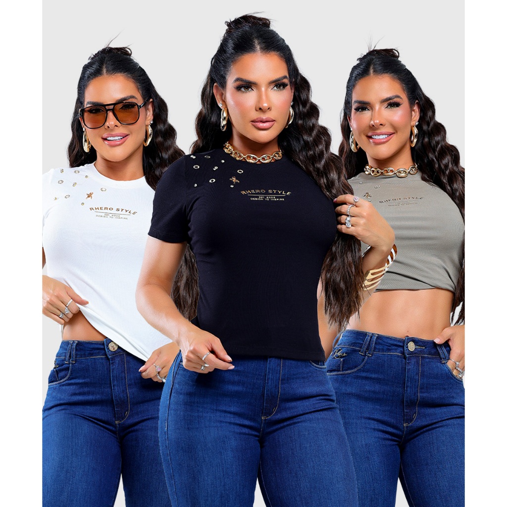 Camiseta Baby Look Feminina Canelado Rhero Com Elastano Lycra Manga Curta Premium