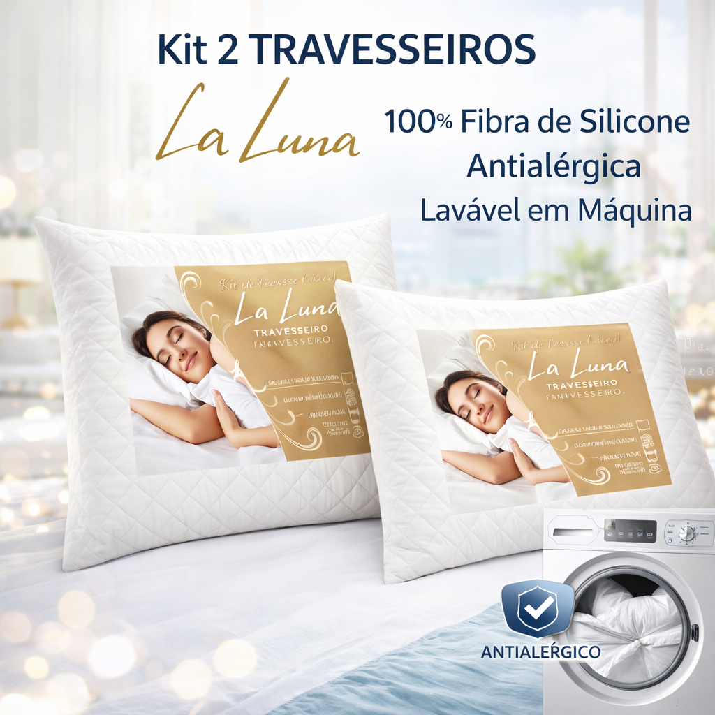 Kit 2 Travesseiros La Luna Anatômico 100% Fibra de Silicone Antialérgica Lavável em Maquina