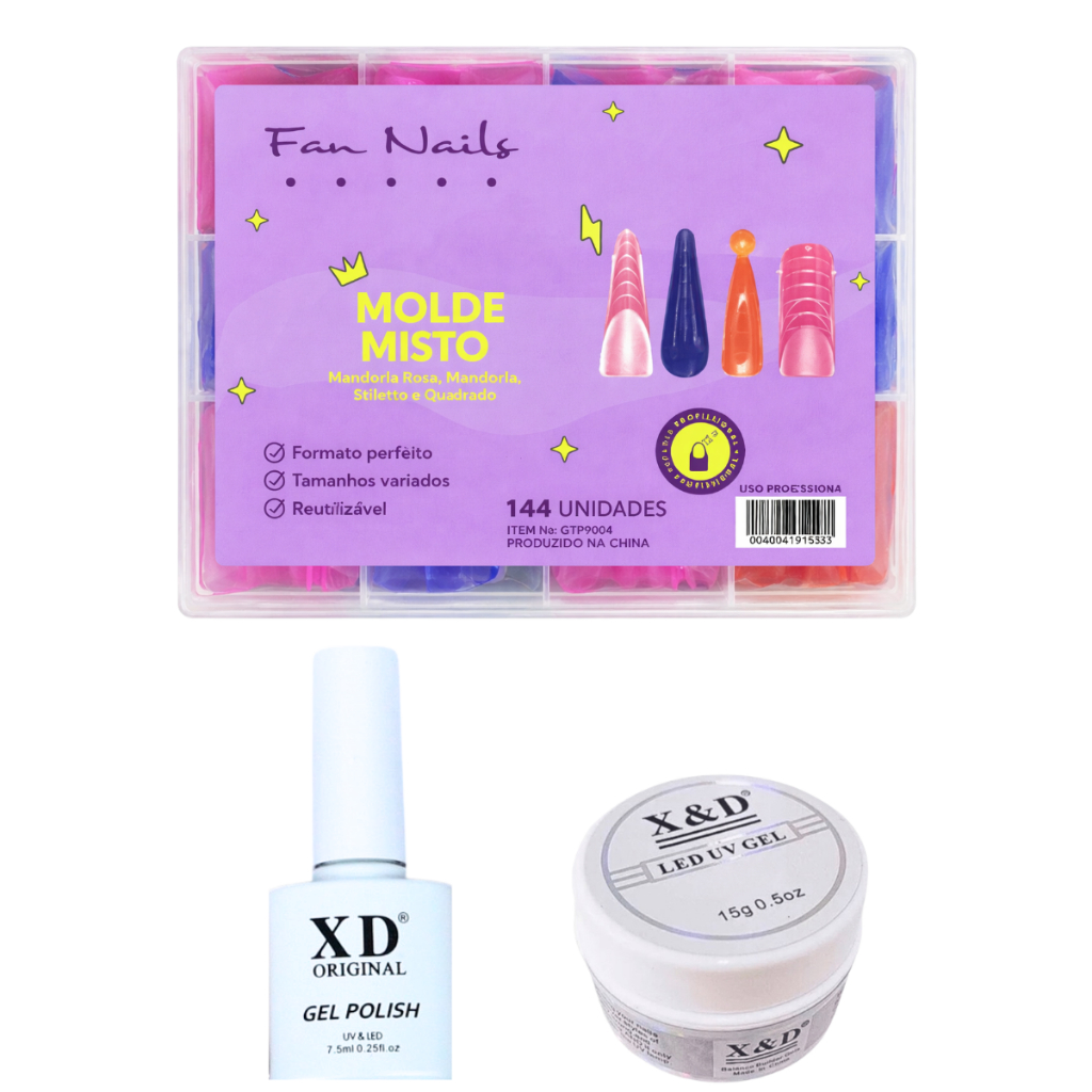 Kit Molde F1 Fan Nails Misto + Gel 15g X&D Original C/Anvisa + Esmalte UV X&D Original 7,5ml