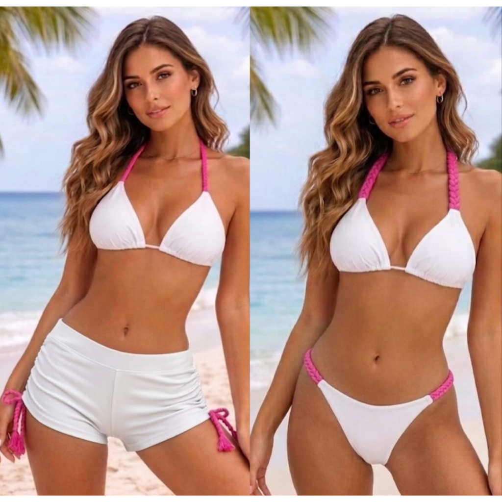 Triquini ; Biquíni com short ; Triquíni ; Biquíni 3 peças ; Biquíni branco ; Biquíni shortinho