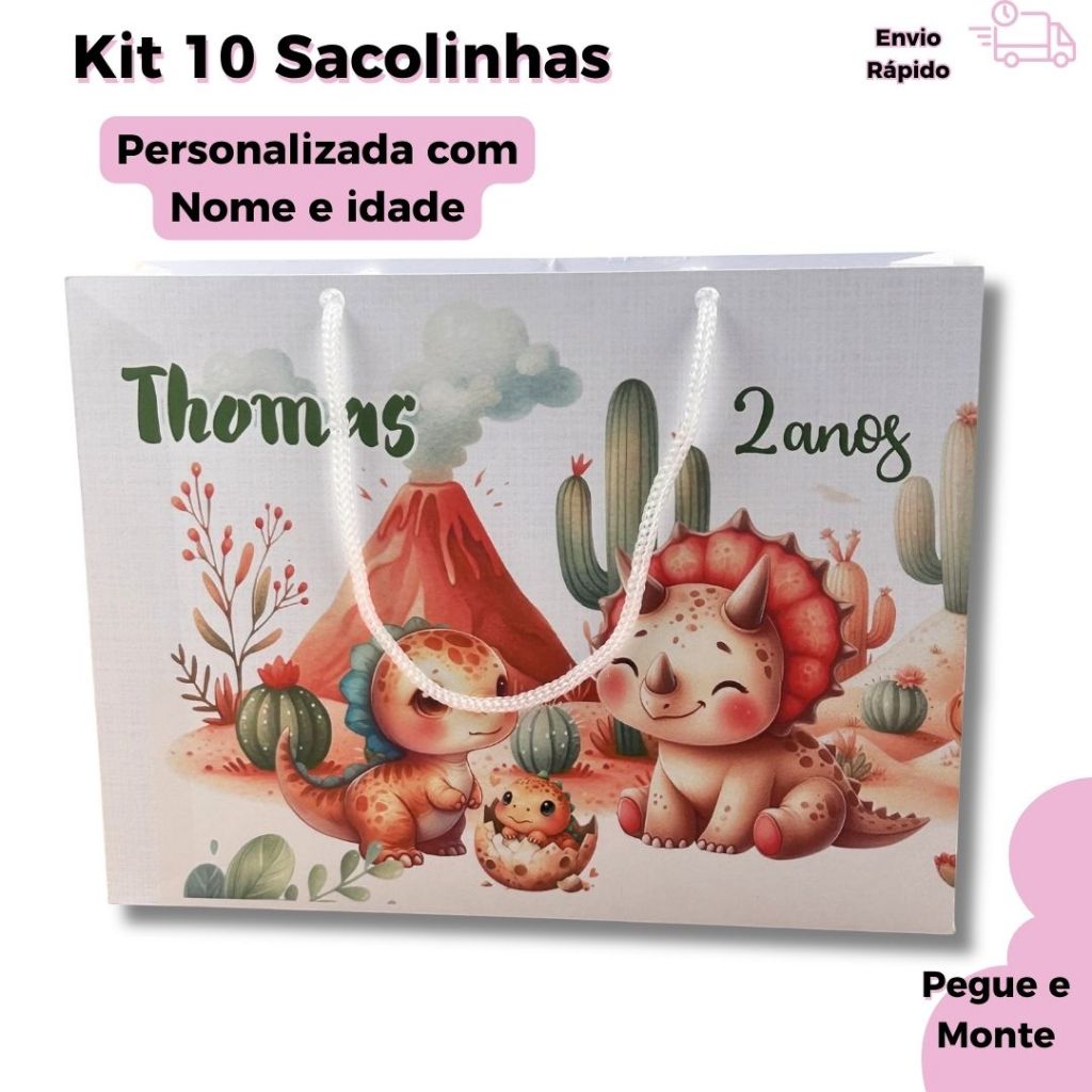 Kit Sacolinhas Personalizadas Dinossauro |Lembrancinhas Festa Infantil | Pegue e Monte |Nome e Idade