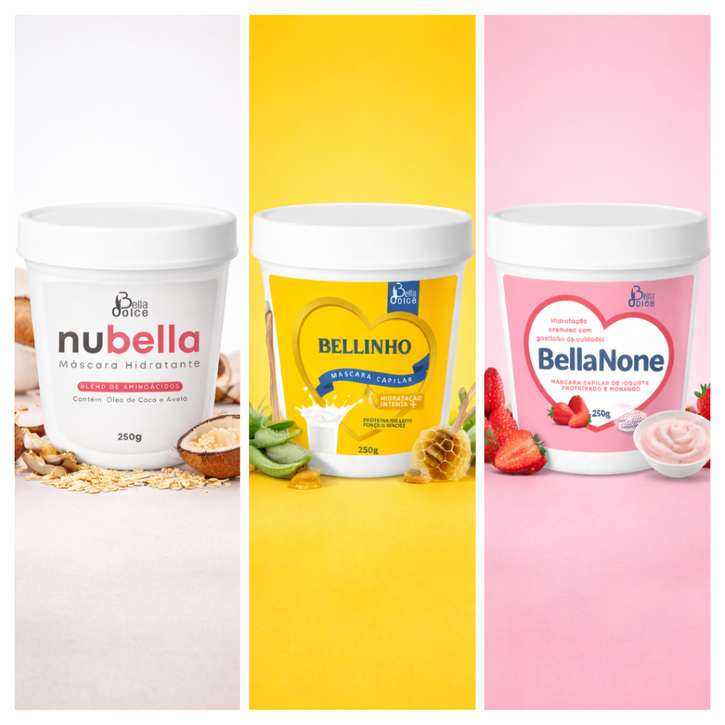Kit Para Tratamento Capilar Máscara Hidratante Creme de Avelã Leite e Iogurte Doce 250g Bella Dolce