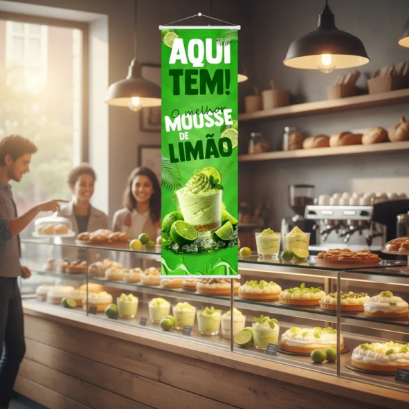 Banner Material Resistente Faixa Lona Cores Vivas Aqui Tem Mousse Limão Sobremesa 100x30