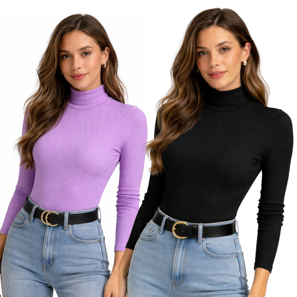 Blusa Manga Comprida  Gola Alta Canelada Feminina Básica Elegante Moda Inverno