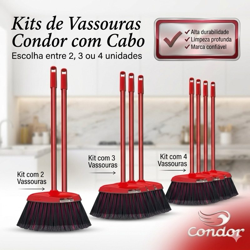 Vassouras Condor kit com 2/3/4 + 2/3/4 Cabos Resistentes | Limpeza Pesada e Diária