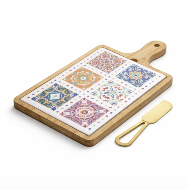 Kit Tábua Bambu Bandeja Cerâmica Faca Dourada Ladrilho 3 Pçs Wolff C817