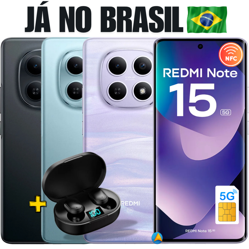 Smartphone Redmi Note 15 5G Global 512GB 8GB de Ram Dual SIM Tela 6.77" ou 256+8GB de Ram + Fone Cortesia