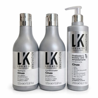 Kit Cinza Shampoo+Cond+Finalizador Lokenzzi Matizador Anti Amarelado Cabelos Grisalhos Brancos Platinados Profissional