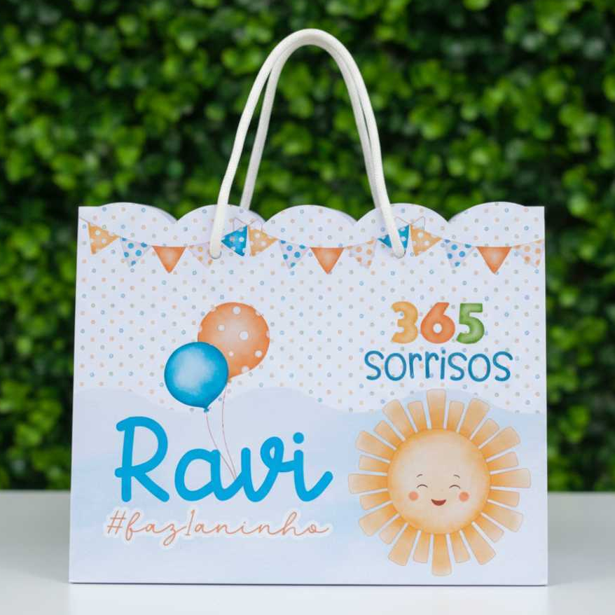 Kit Sacolinha Papelaria Personalizada 365 Sorrisos Sol Sacola de Lembrancinha para Festa Aniversário PEGUE E MONTE